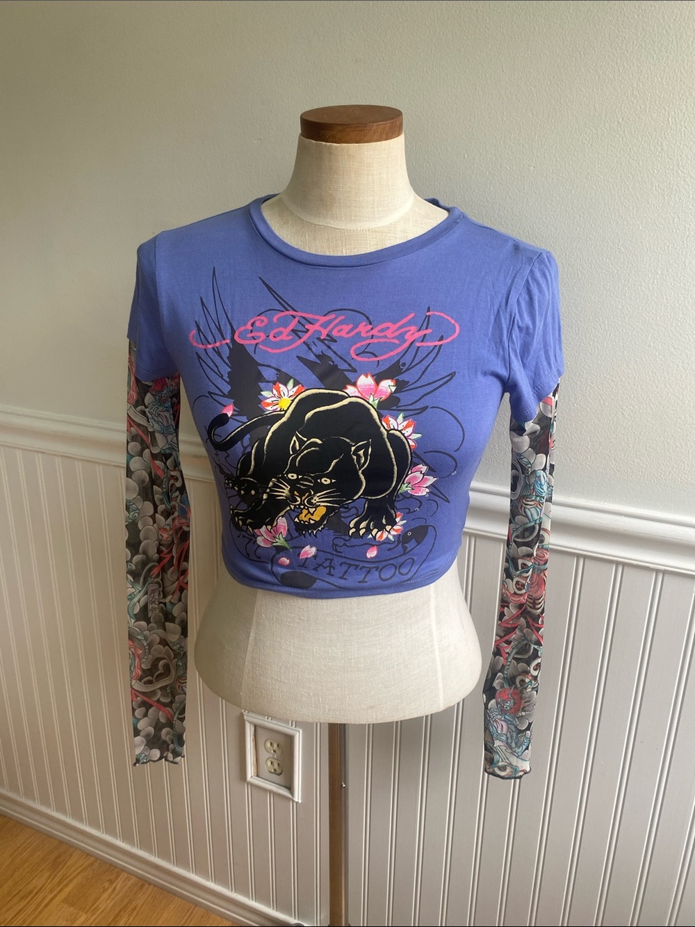NWT Ed Hardy Purple Panther Graphic Long-Sleeve Crop with Tattoo-Print Sleeves
